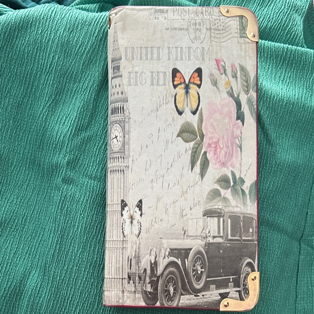 Vintage London Illustration Wallet Case with Floral & Butterfly Accents
